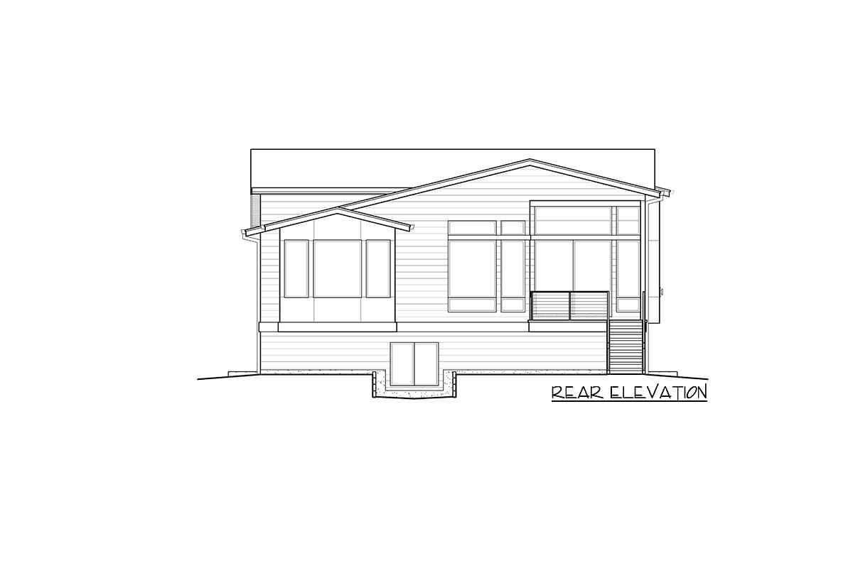 Rear elevation house plan: two stories, horizontal siding, multiple windows, and deck with stairs.