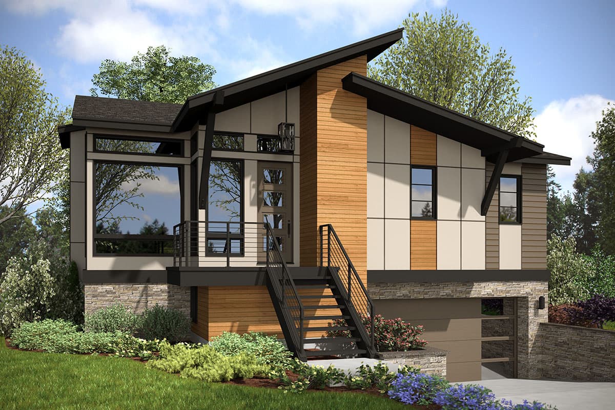 Modern house plan exterior featuring an asymmetrical roofline, multi-material siding, prominent windows, and a detached garage.