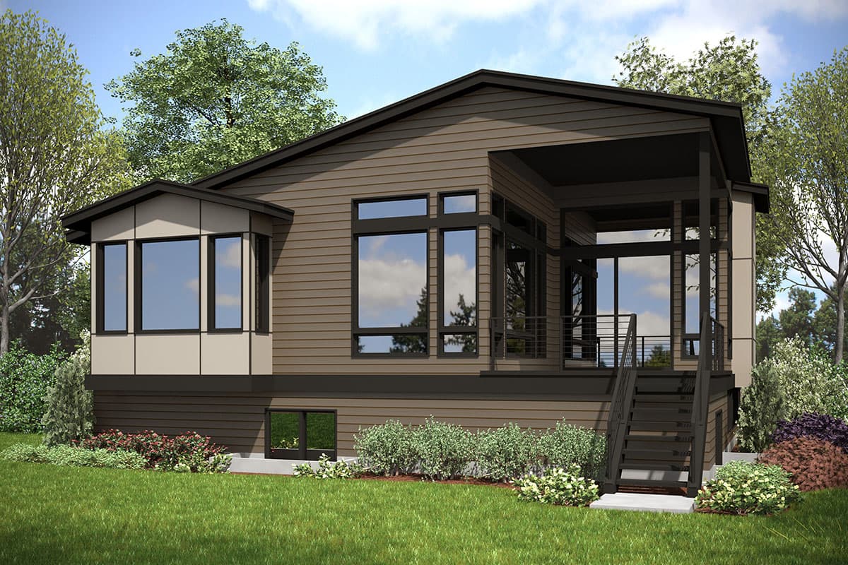 Modern house plan exterior with horizontal siding, large windows, covered porch, and a prominent gable roof.