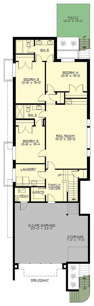 Plan 23901JD: Narrow Contemporary Northwest House Plan with Den and Main-floor Master Bedroom - Floor Plan - Lower Level - Contemporary, Modern, Northwest, Prairie