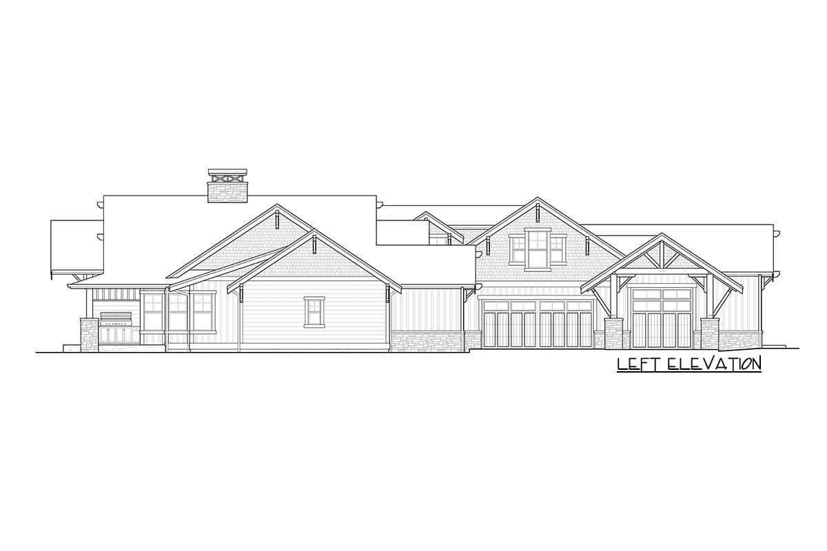 Left elevation house plan with multiple gables, dormer, covered porch, and three-car garage.