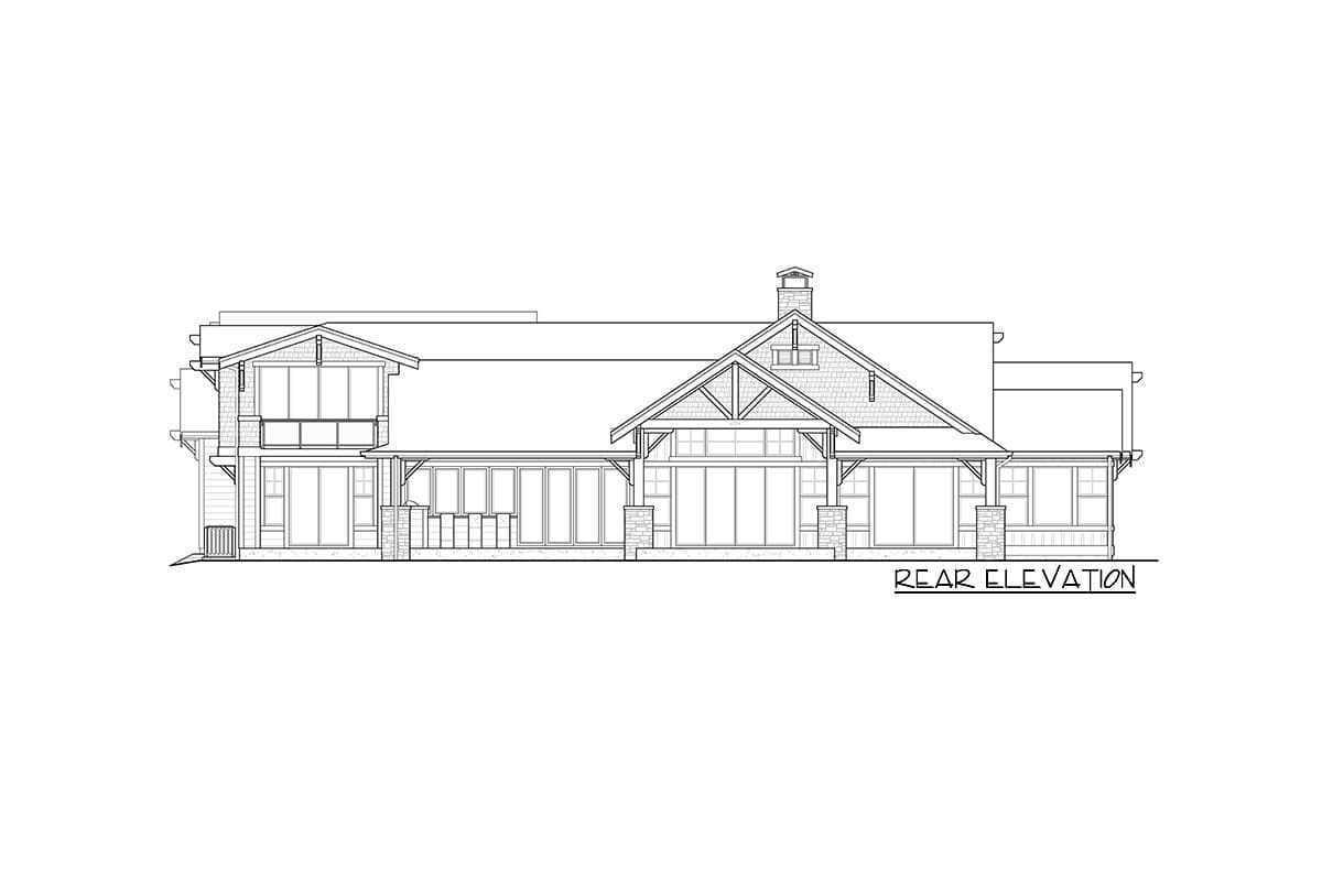 Rear elevation drawing of a house plan featuring a prominent gable, stone accents, and extensive windows.