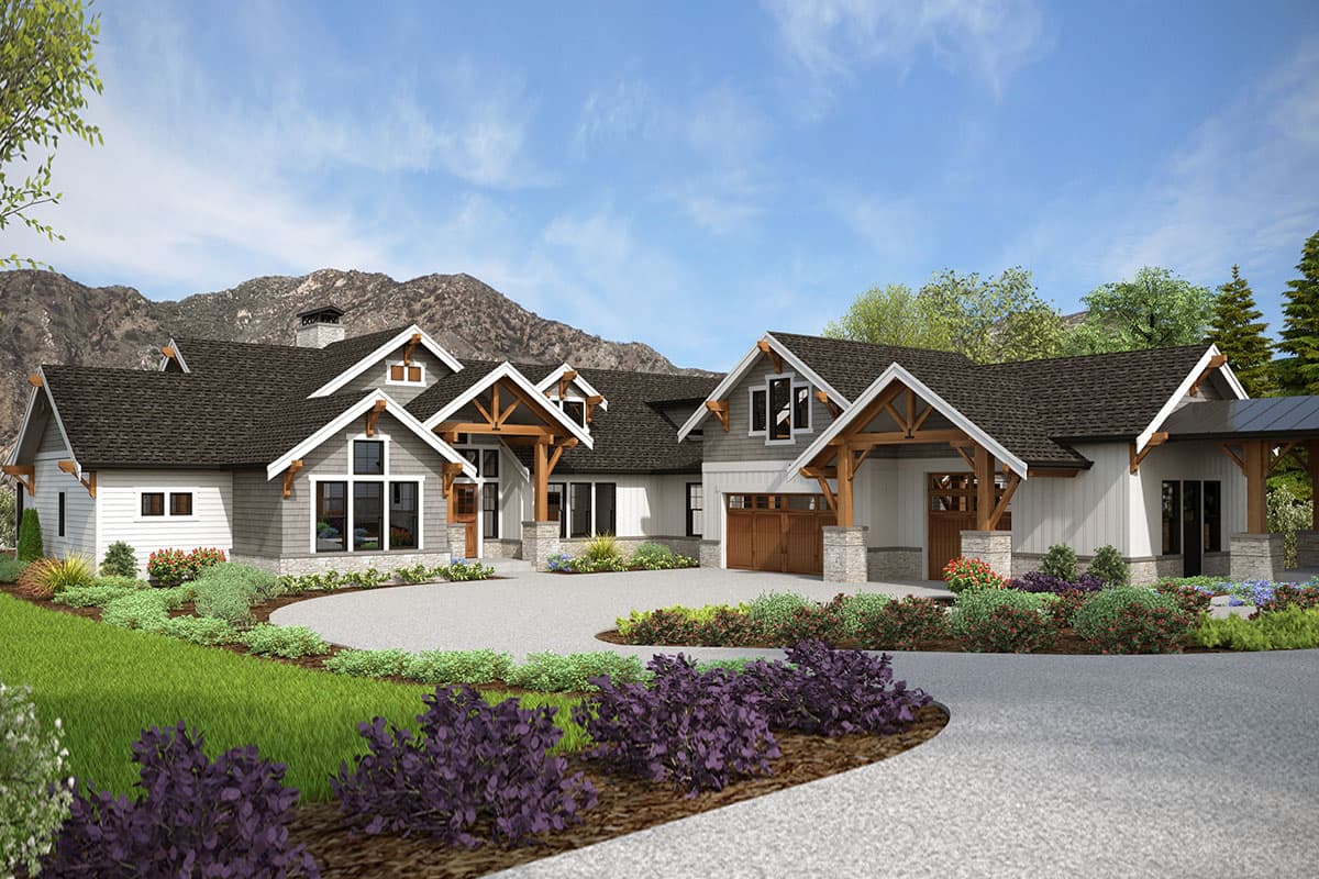 House plan exterior with Craftsman details. Features include gabled rooflines, exposed rafter tails, and a porte-cochere over the garage.