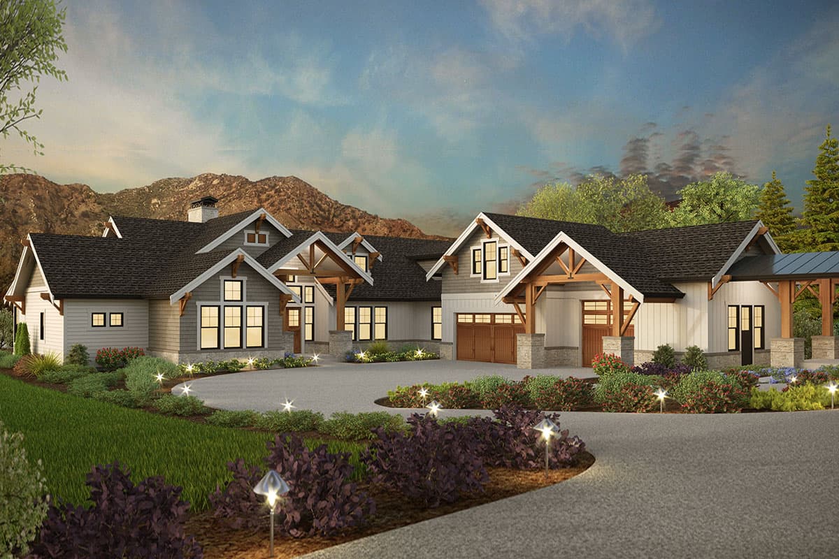 Modern Farmhouse house plan exterior with multiple gables, exposed rafter tails, stone accents, and a wide driveway leading to a three-car garage.