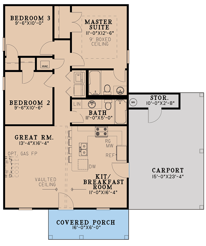 Plan 70817MK: One-Level Traditional Home Plan with Carport - 1025 Sq Ft - Floor Plan - Main Level - Cottage, Country, Traditional