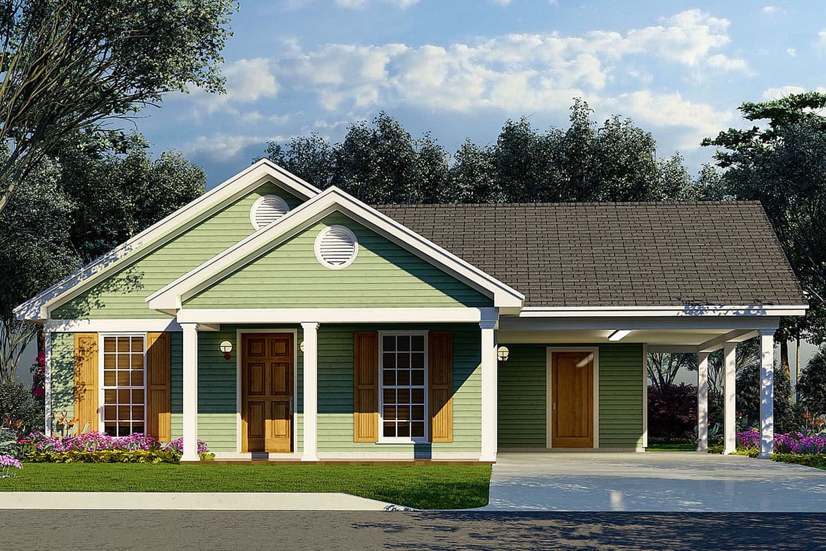 House plan exterior: One-story home with gabled front, two circular vents in gables, covered entry with columns, and attached carport.