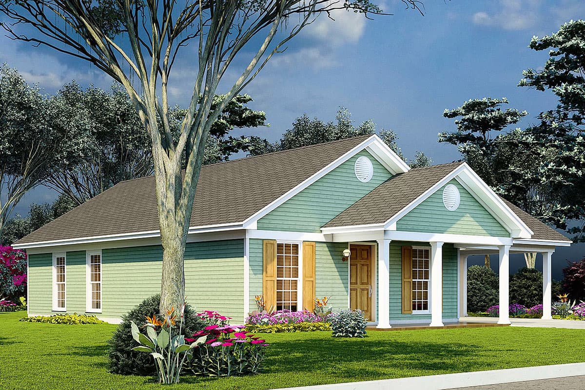 House plan exterior for a one-story home with a covered entry porch, gables, and vinyl siding.