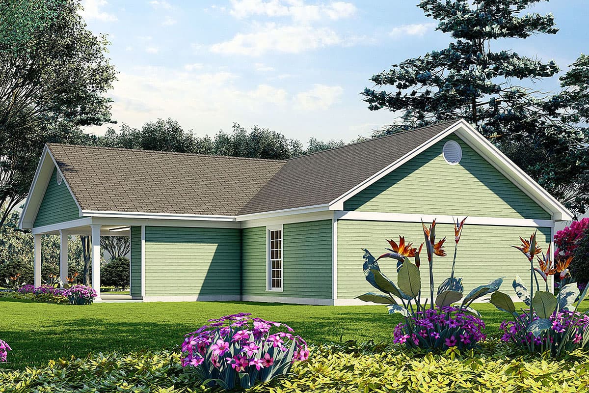 House plan exterior: one-story house with a covered porch, gables, and a circular attic vent.