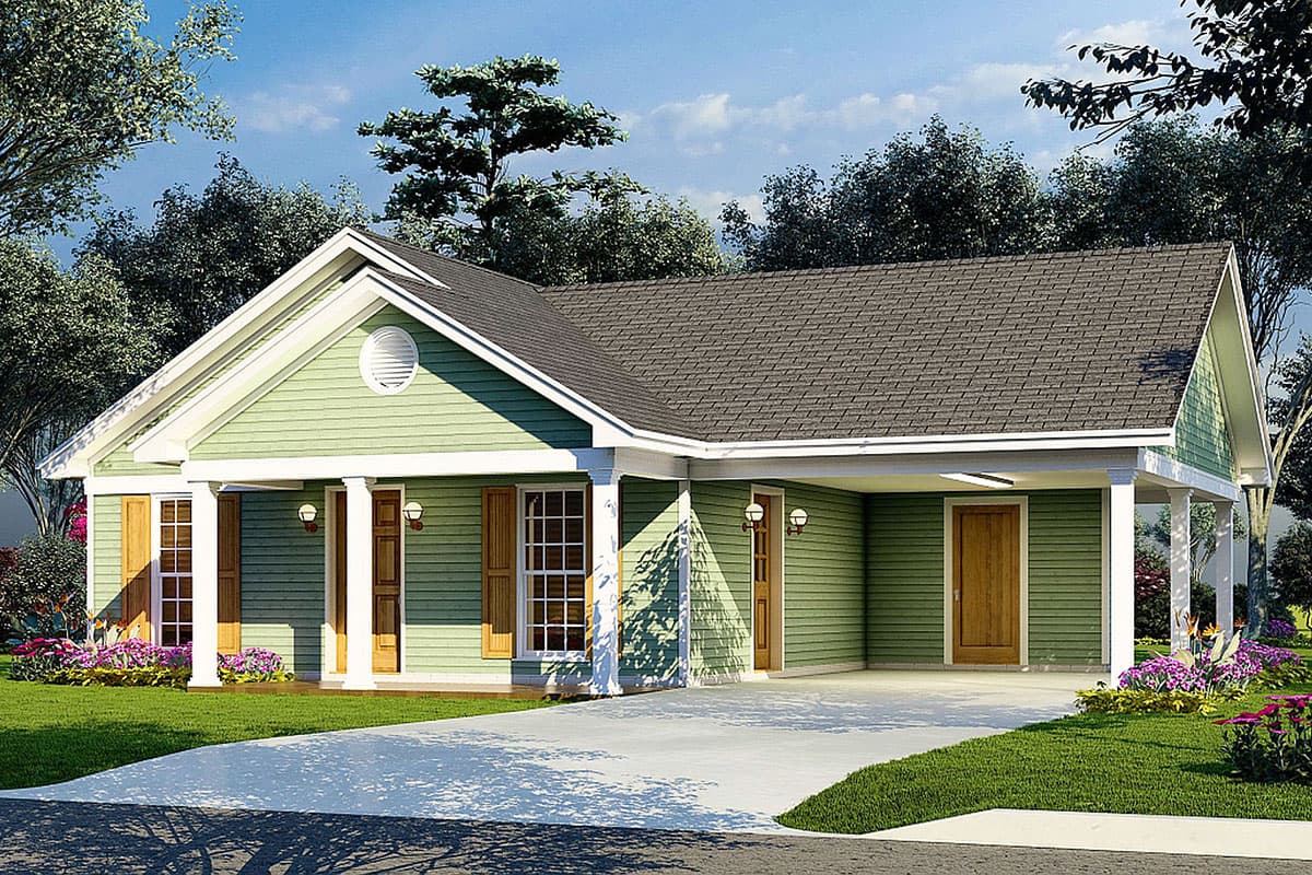 House plan exterior. Ranch style with a gabled roof, covered porch supported by columns, and attached carport with exposed rafters.