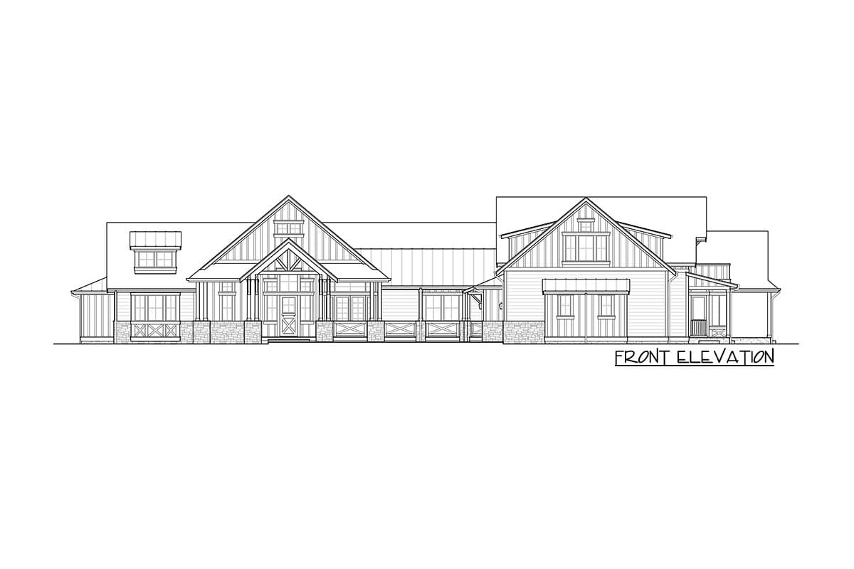 Front elevation house plan showing a Modern Farmhouse style with a prominent gable, covered porch, and dormers.