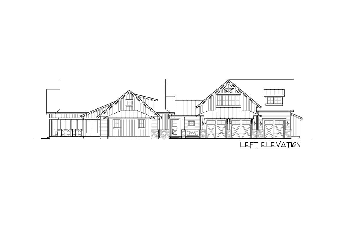 Left elevation house plan: Modern farmhouse style with large gabled dormers, covered porches, and a three-car garage.