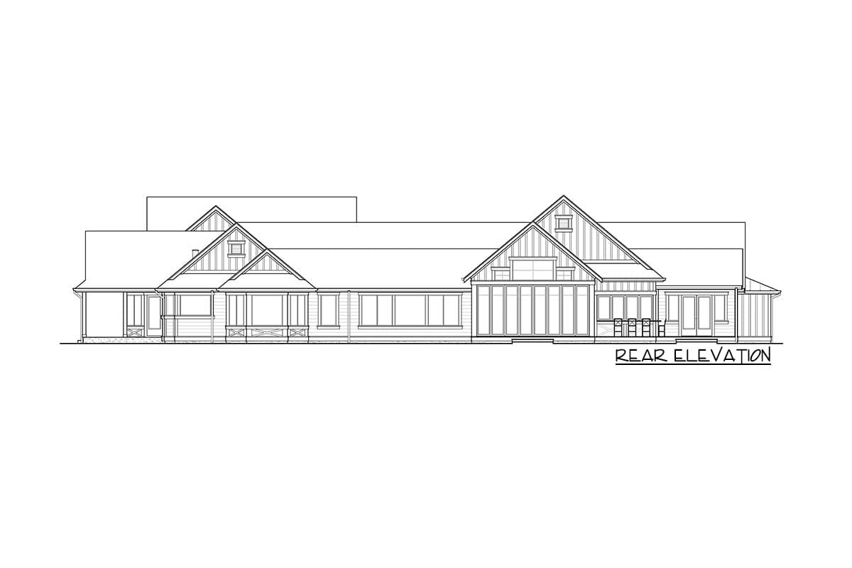 Rear elevation drawing of a long, one-story house with multiple gables, a covered porch, and large windows.