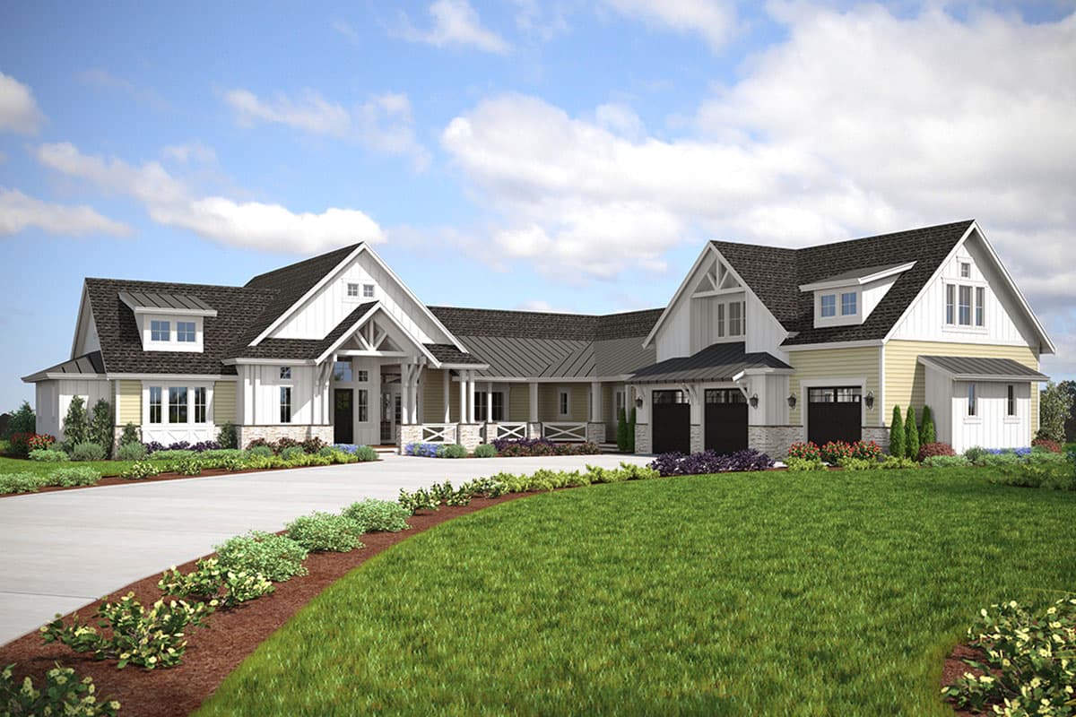 House plan exterior. Modern farmhouse style with gabled roof, front porch, and dormers. Features a two-car garage and light-colored siding.