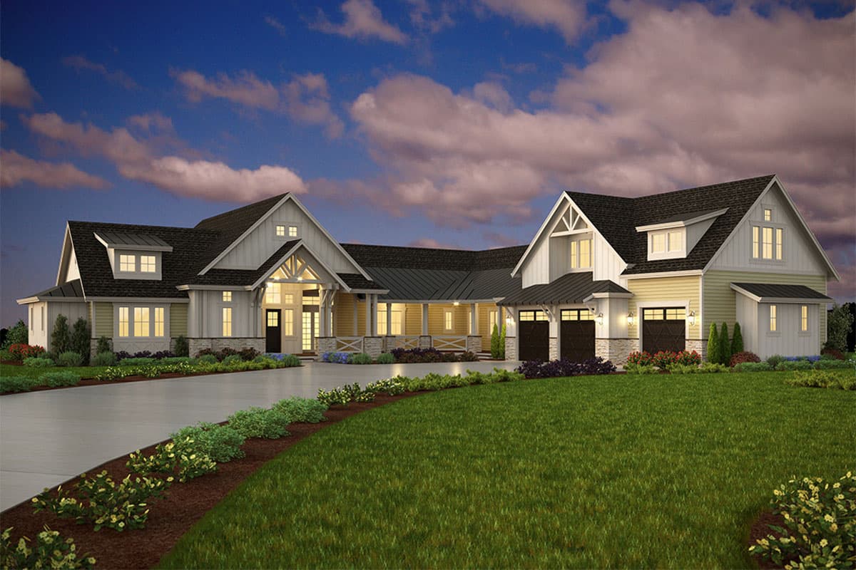 Modern farmhouse style house plan exterior with a wrap-around porch, multiple gables, and a three-car garage.
