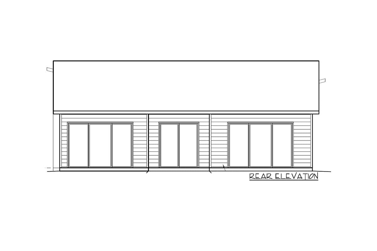 Rear elevation drawing of a house plan with horizontal siding and three sets of sliding glass doors.