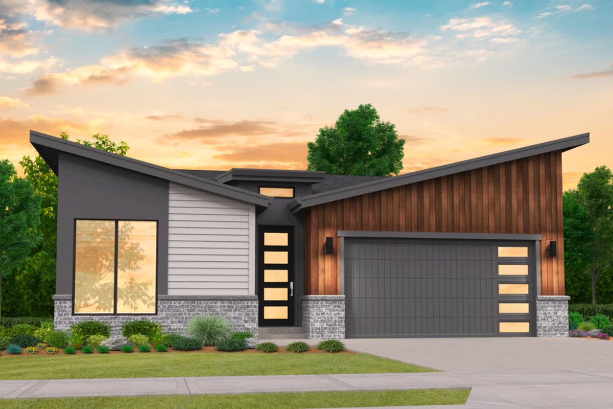 House plan exterior. Modern style, one-story home with a sloped roof. Features include wood siding, a garage, and large windows.