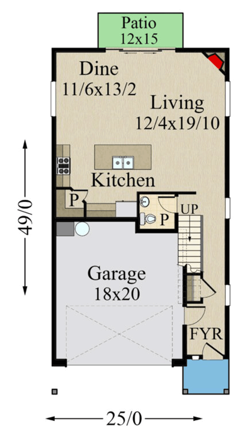 Plan 85346MS: Narrow 3-Story Hip Roof Home with Open Concept Living Space - Floor Plan - Main Level - Contemporary, Modern, Northwest