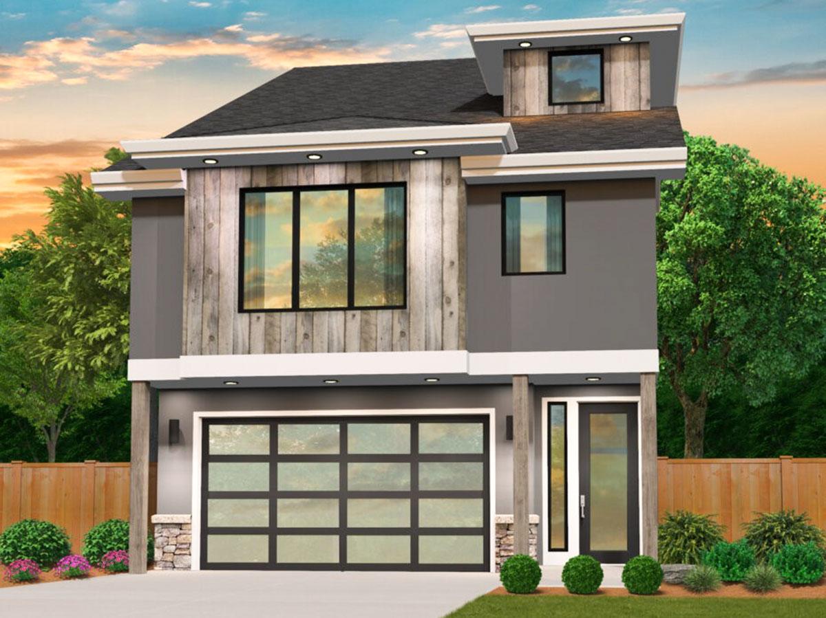 House plan exterior featuring Modern style, two stories, with a glass garage door, wood siding, and shed roof over dormer.