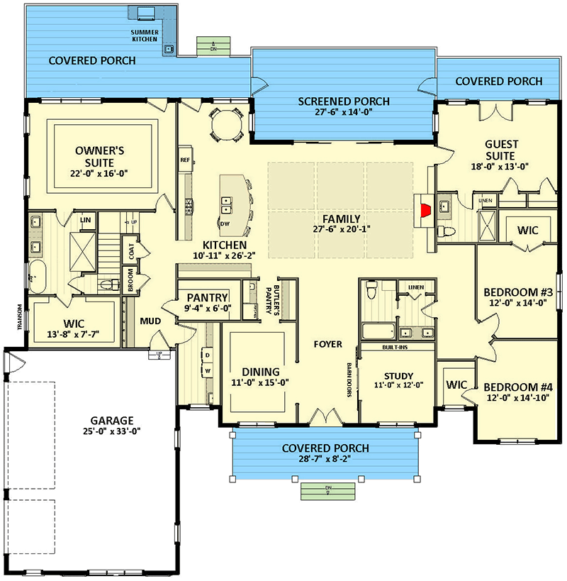 Plan 46441LA: Exclusive 3-Bed Modern Farmhouse Plan with Wet Bar in Bonus Room - Floor Plan - Main Level - Country, Farmhouse, Modern Farmhouse, Southern