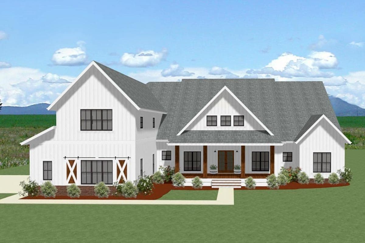 House plan exterior. Two-story Modern Farmhouse with gables, a covered front porch, and black-framed windows. Features include a side-entry garage.