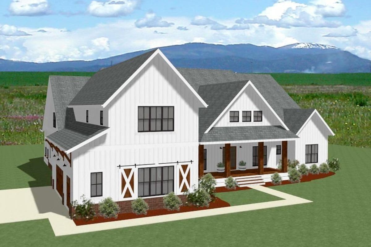 Modern Farmhouse house plan exterior with gables, a deep porch with timber posts, and a side-facing garage.