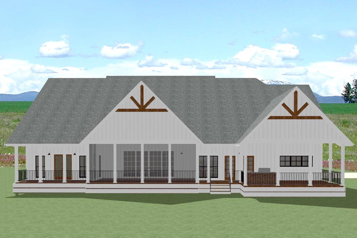 House plan exterior, single-story Modern Farmhouse style with wrap-around porch, gables with timber accents, and an outdoor kitchen.