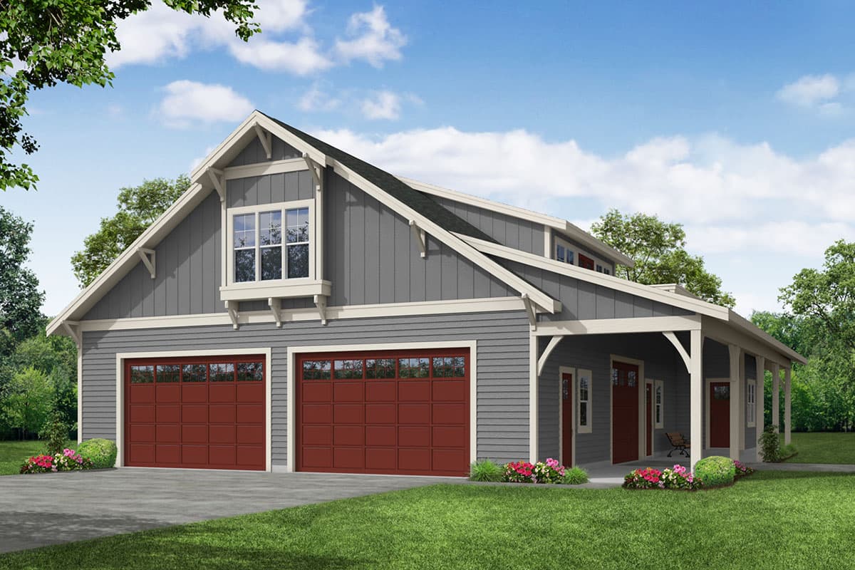 House plan exterior. Craftsman style, one-and-a-half story home with gabled roof, dormer, and covered porch with exposed beams and two-car garage.
