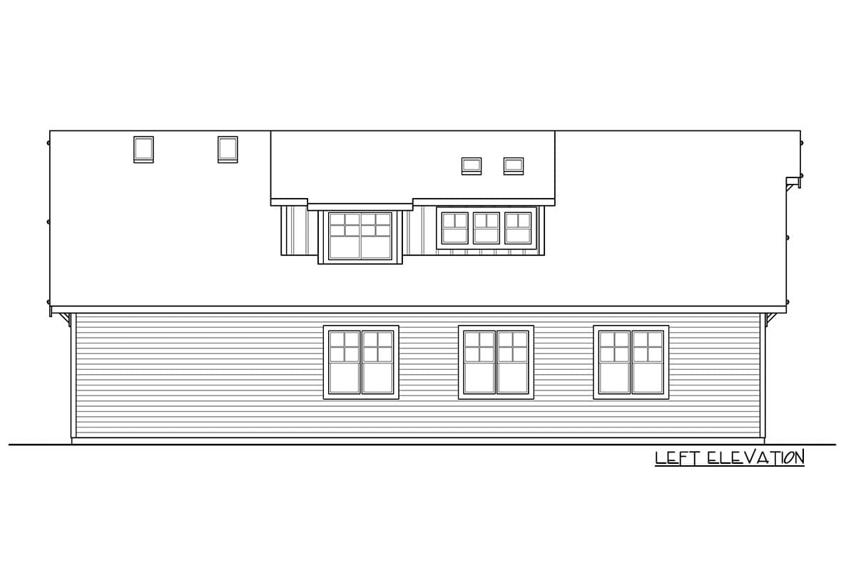 Left elevation of a house plan, showing horizontal siding, multiple windows on the main level, and dormer windows on the upper level.