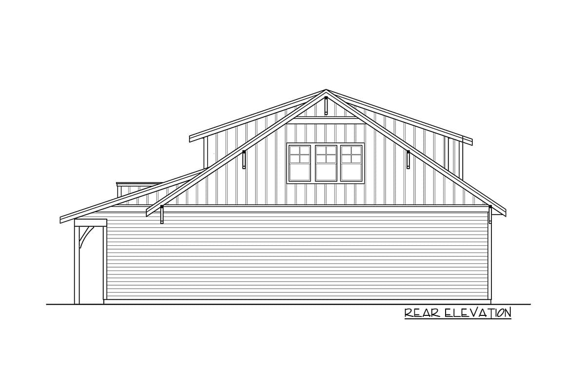 Rear elevation drawing of a house plan with a gambrel roofline, horizontal siding, and a dormer with three windows.