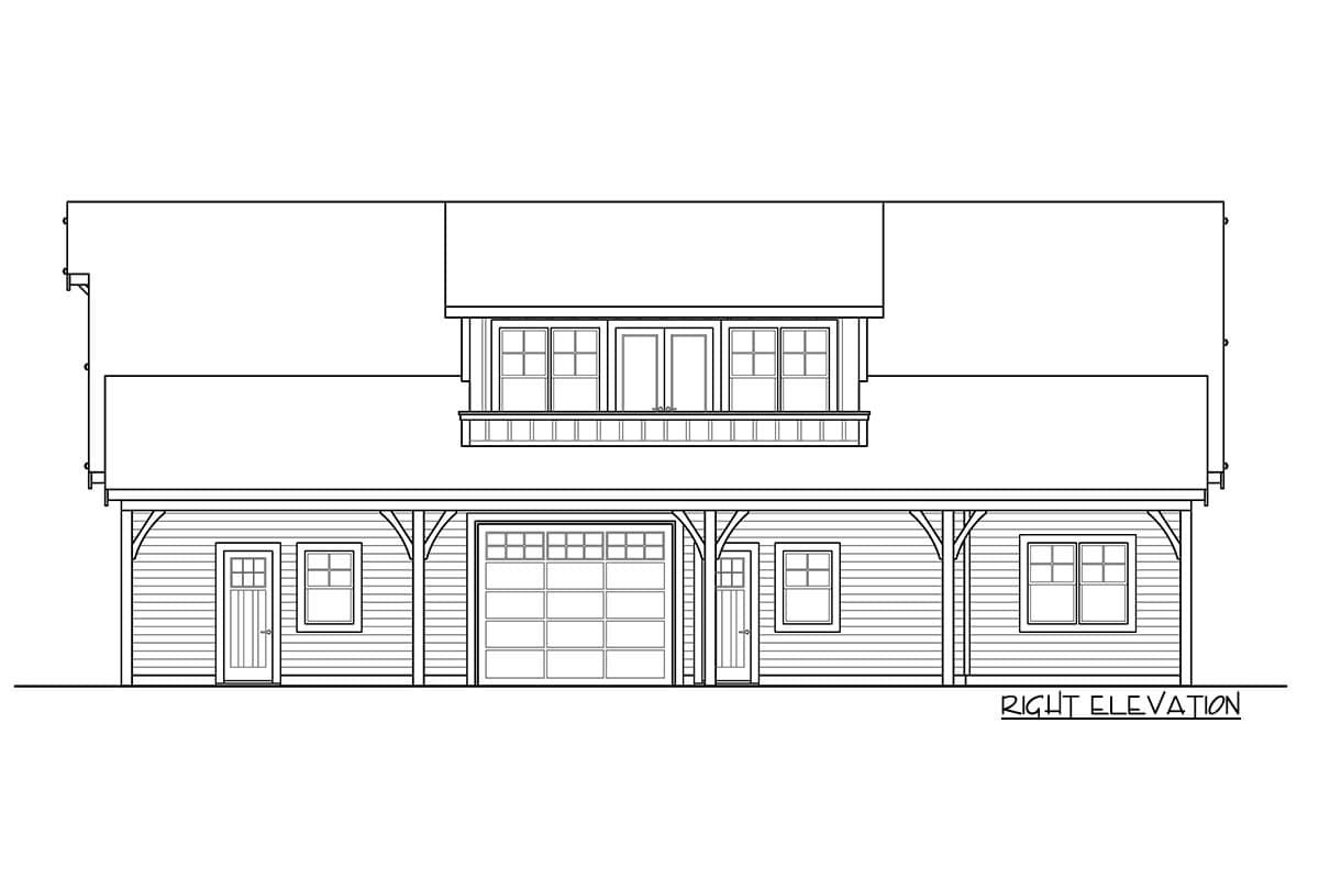 Right elevation drawing shows a two-story house with a two-car garage, front porch with support posts, and upper-level balcony.