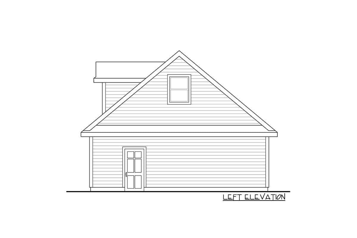 Left elevation drawing of a house plan featuring a gable roof, a dormer window, and a single door.