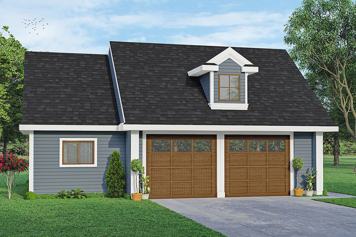 House plan exterior with gable roof, dormer, and two-car garage. Features include wood-look garage doors and horizontal siding.
