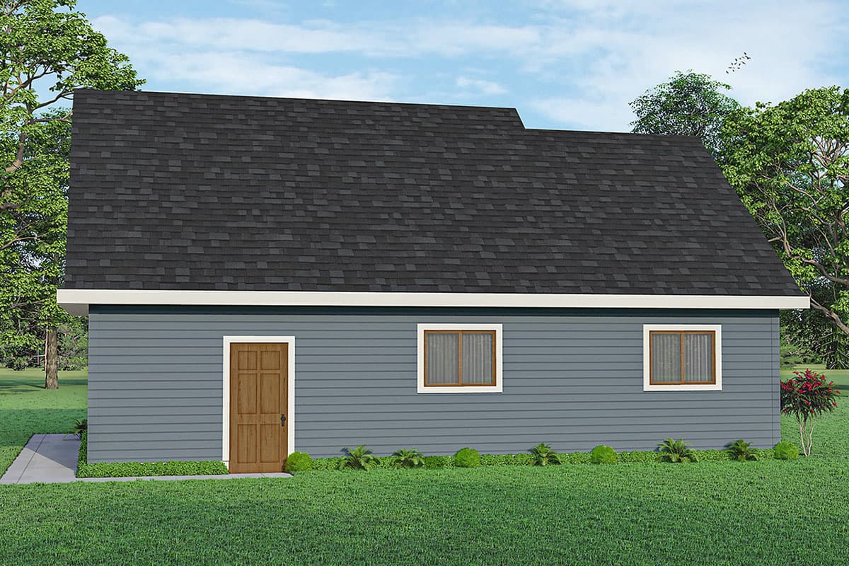 House plan exterior, a single-story structure with blue siding, a wood door, and two windows.