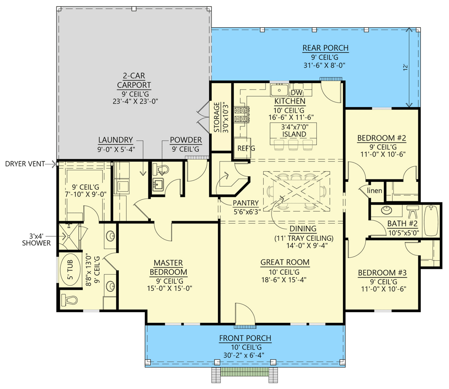 Plan 56506SM: Simple and Attractive 3-Bed House Plan with Two Porches and a Carport - 1650 Sq Ft - Floor Plan - Main Level - Country, Southern, Traditional