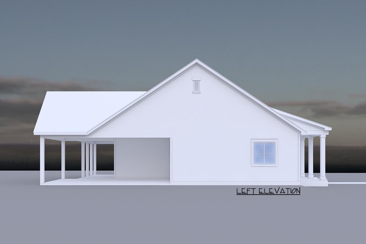 Left elevation house plan with a pitched roof, covered porch, single window, and covered garage.