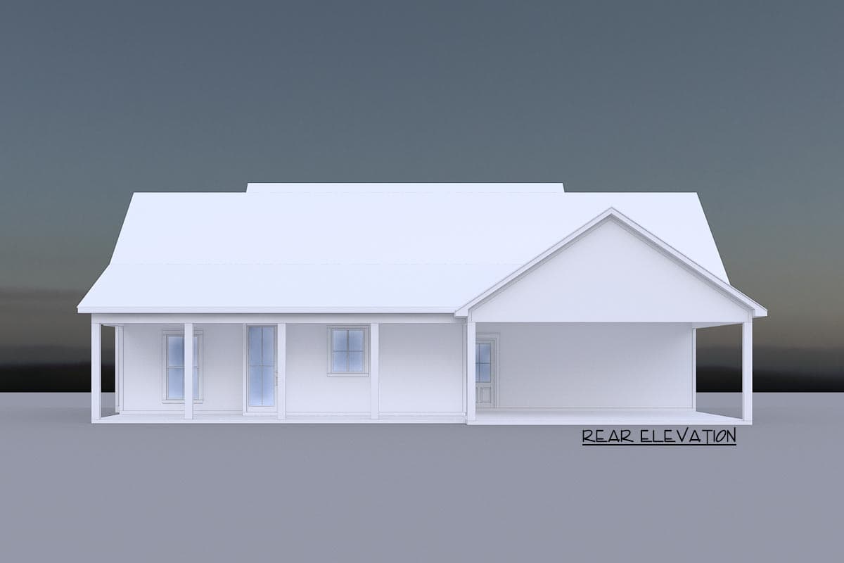 Rear elevation of a one-story house plan with a covered porch, multiple doors, and a gable roof.