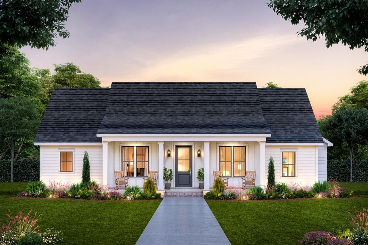 House plan exterior. One-story farmhouse with covered porch, symmetrical gables, and a dark roof. Features include a centered front entry.