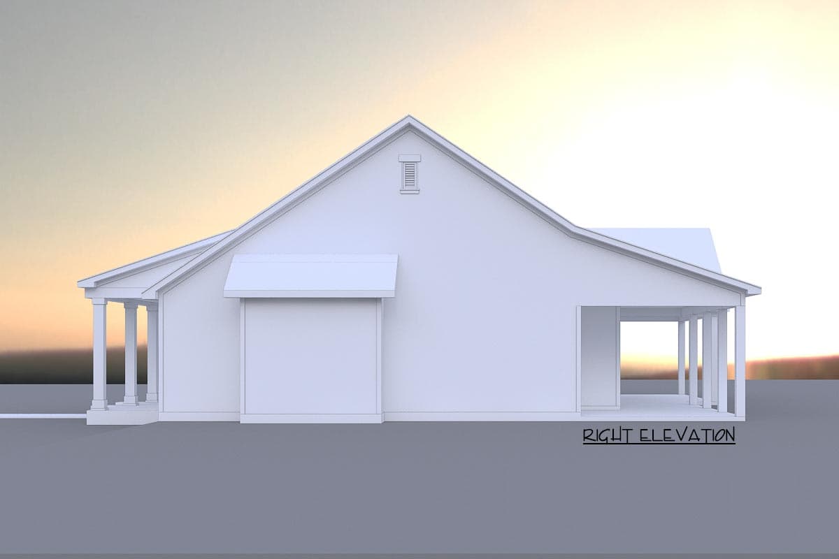 Right elevation of a one-story house plan with a gabled roof, porch, and dormer.