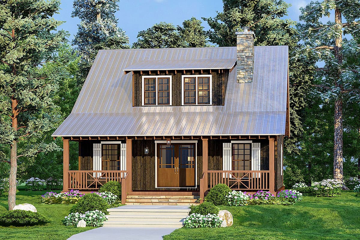 House plan exterior: Two-story cottage with metal roof, front porch, dormer, and stone chimney.
