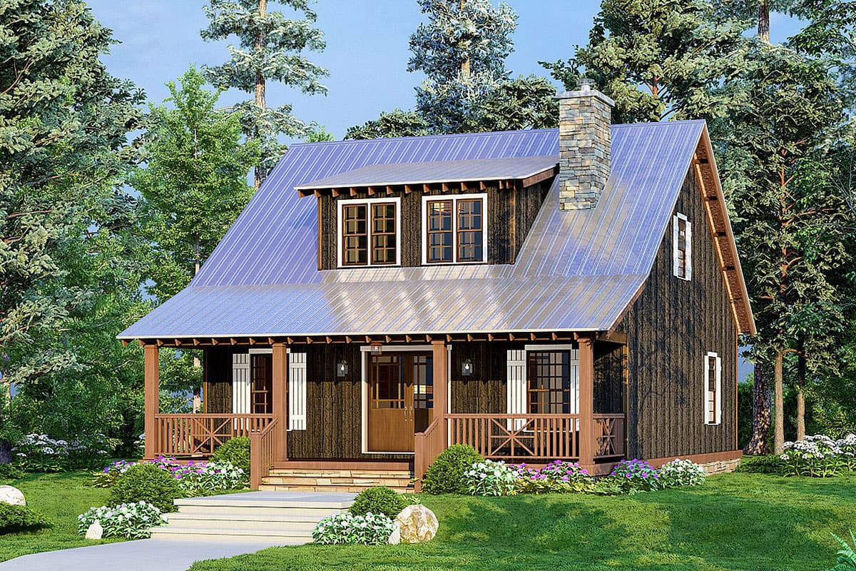 House plan exterior. Two-story cabin style with a metal roof, front porch, and dormer windows. Features a stone chimney and wood siding.