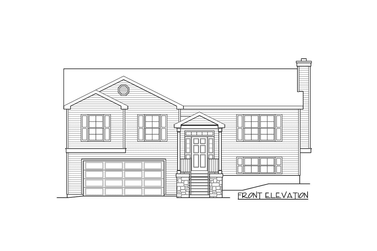 Front elevation drawing of a two-story house with a front porch, gabled dormer, and attached garage.