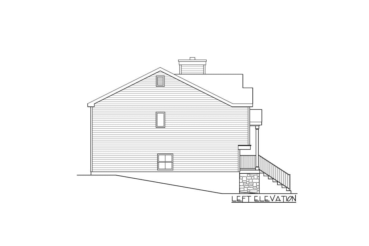 Left elevation drawing of a house plan showing siding, a chimney, dormer, and a stone-clad stoop with stairs.