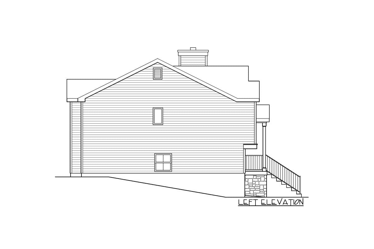 Left elevation house plan drawing showing a two-story structure with gabled roof, dormer, chimney, and side porch with stone base.