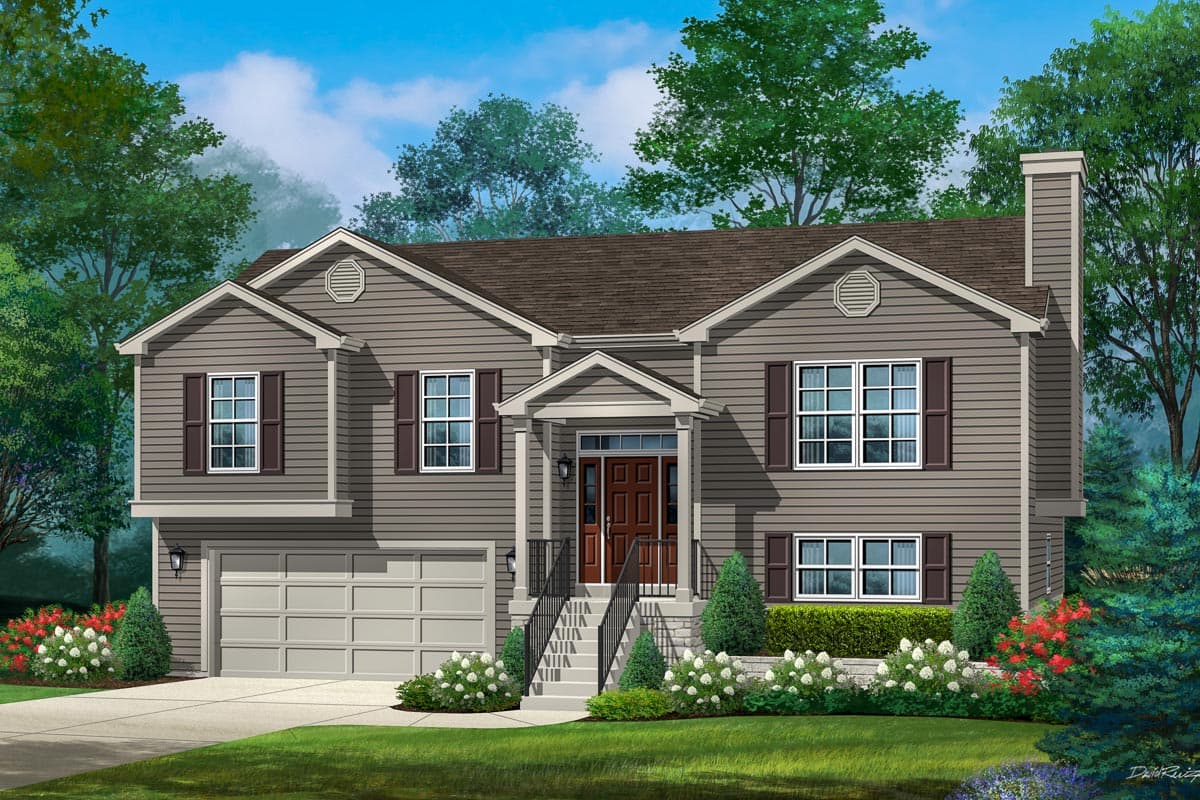 House plan exterior with two stories, a front porch, gables, and a two-car garage. Windows have shutters and an octagonal vent.