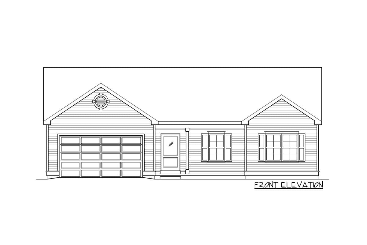 Front elevation drawing of a one-story house with a gable roof, garage, front door, and two windows.