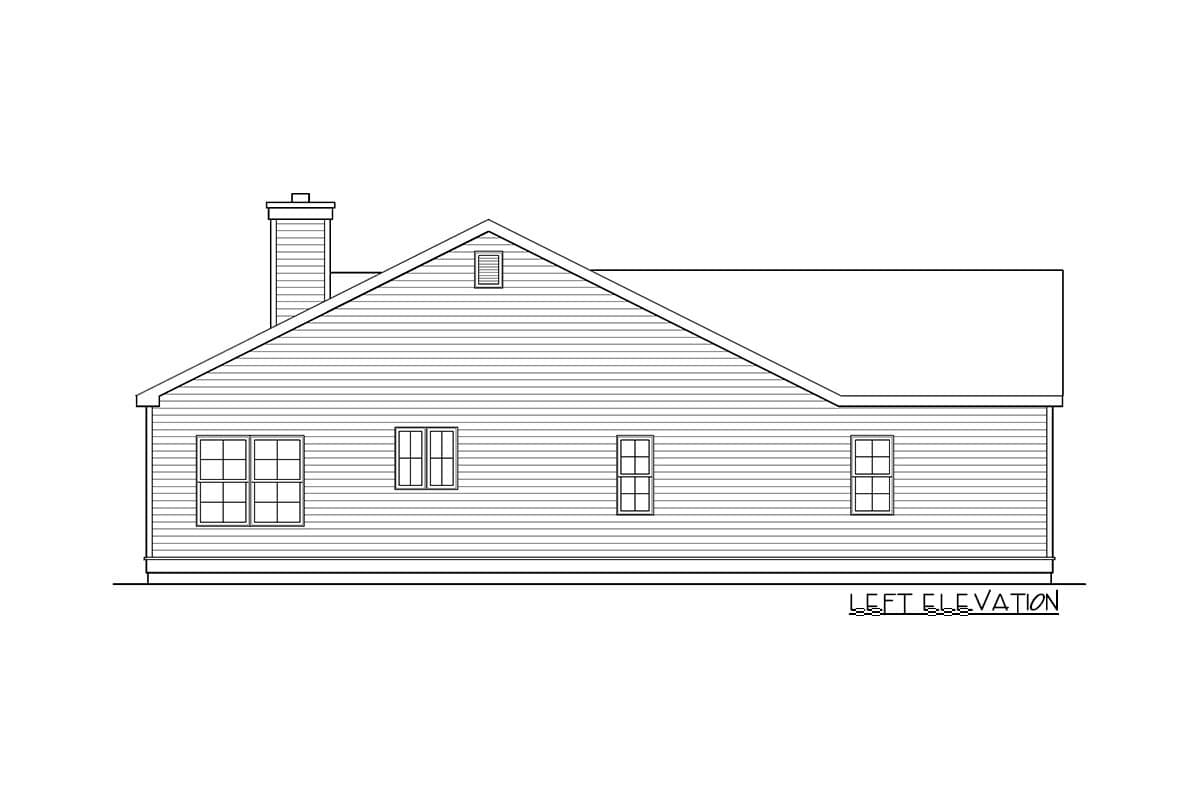 Left elevation house plan drawing with siding, gable roof, chimney, and multiple windows.