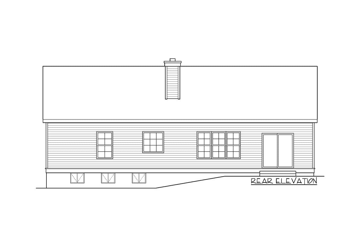 Rear elevation house plan with horizontal siding, one chimney, three windows, and sliding glass doors.