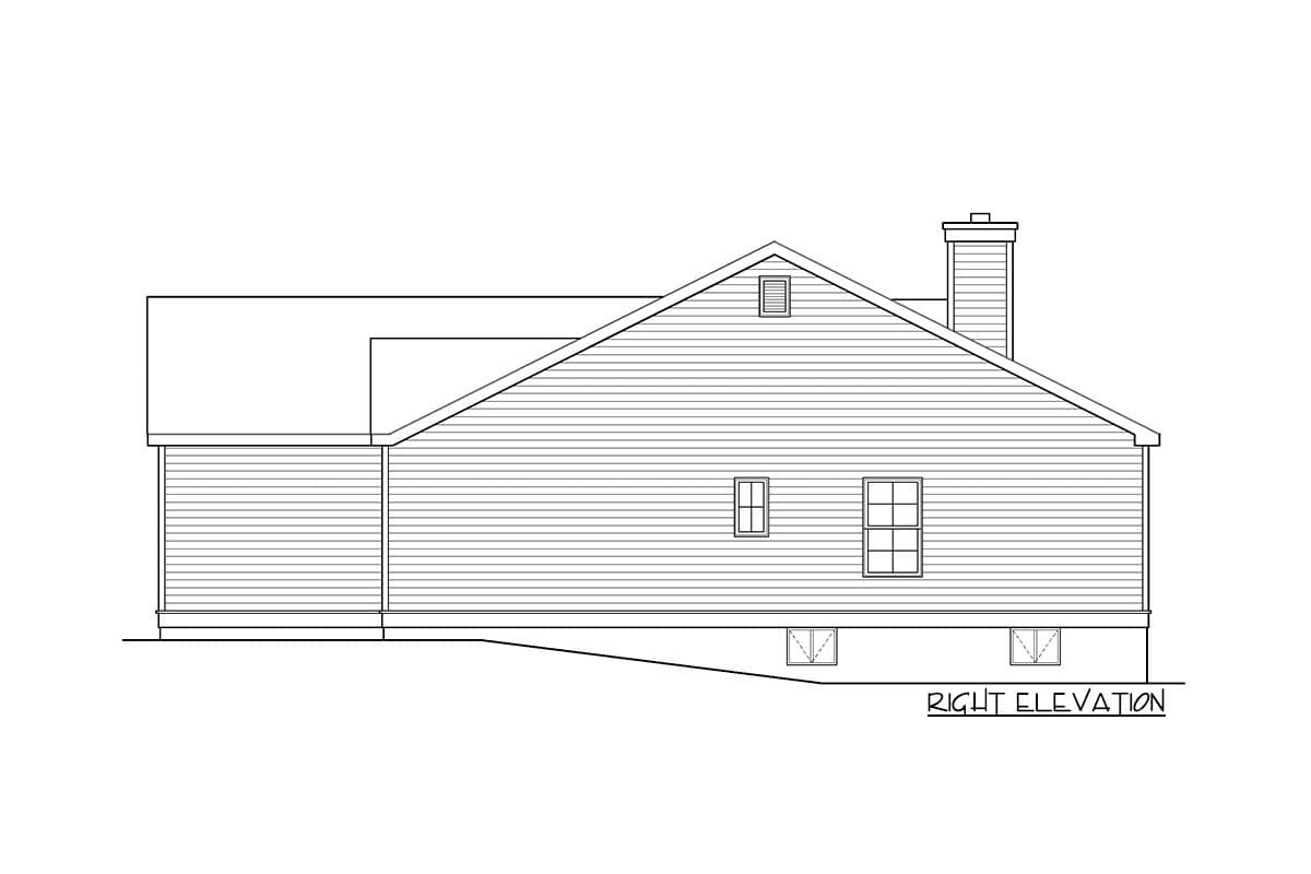 Right elevation house plan drawing showing horizontal siding, a pitched roof with gables, chimney, and various windows.