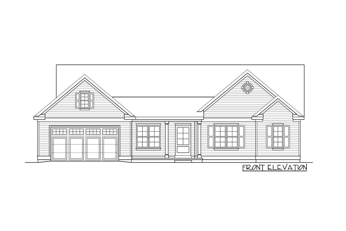 Front elevation drawing of a one-story house plan with a gable roof, attached garage, and central entrance porch.
