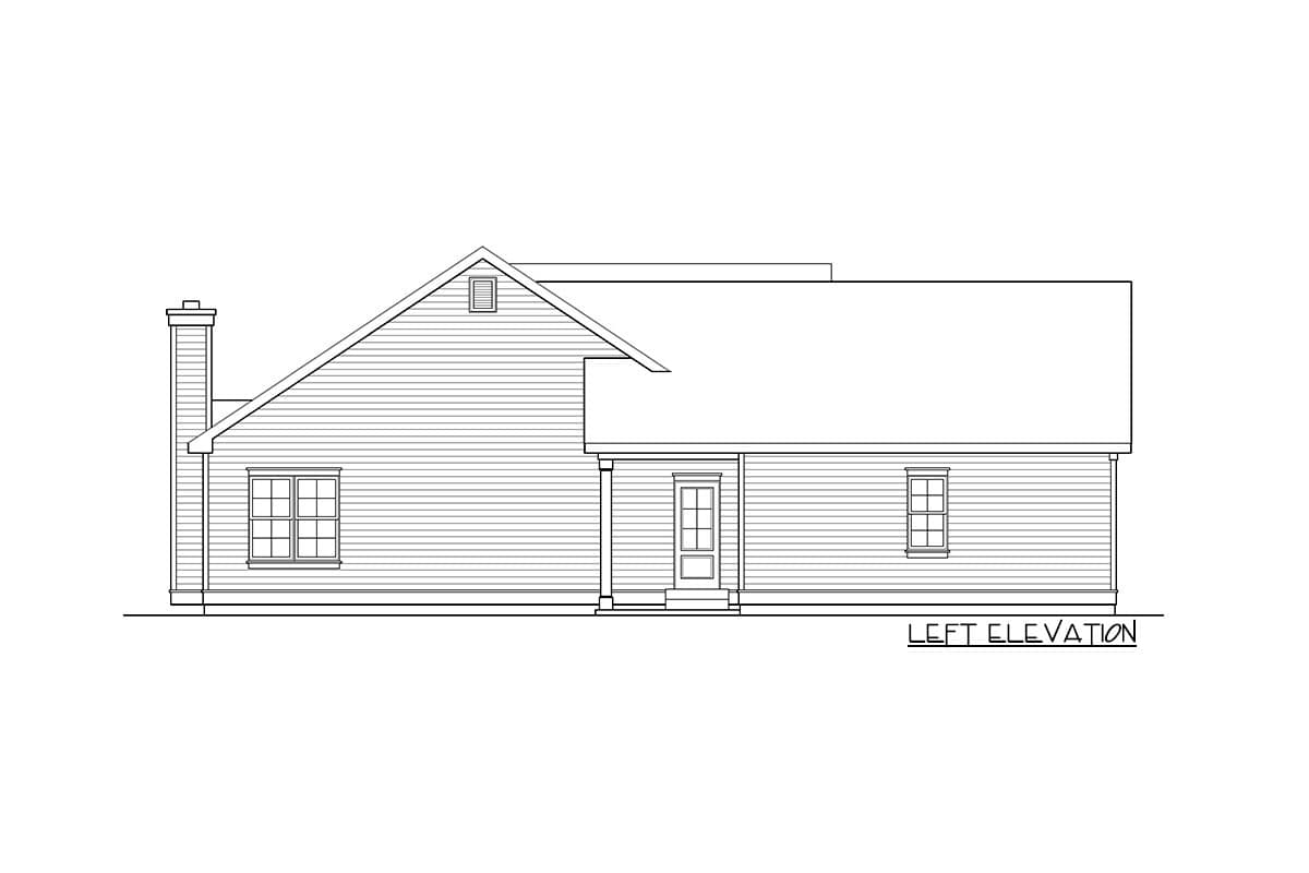Left elevation of a house plan featuring a chimney, gabled dormer, and covered entrance.